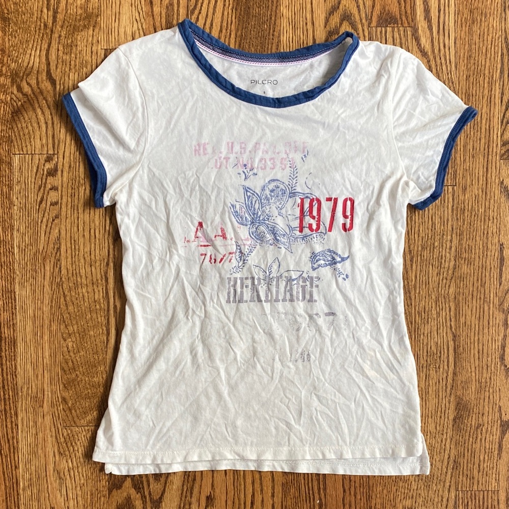 Pilcro white with blue sleeves and neck stamped short sleeve, size S. Like new
